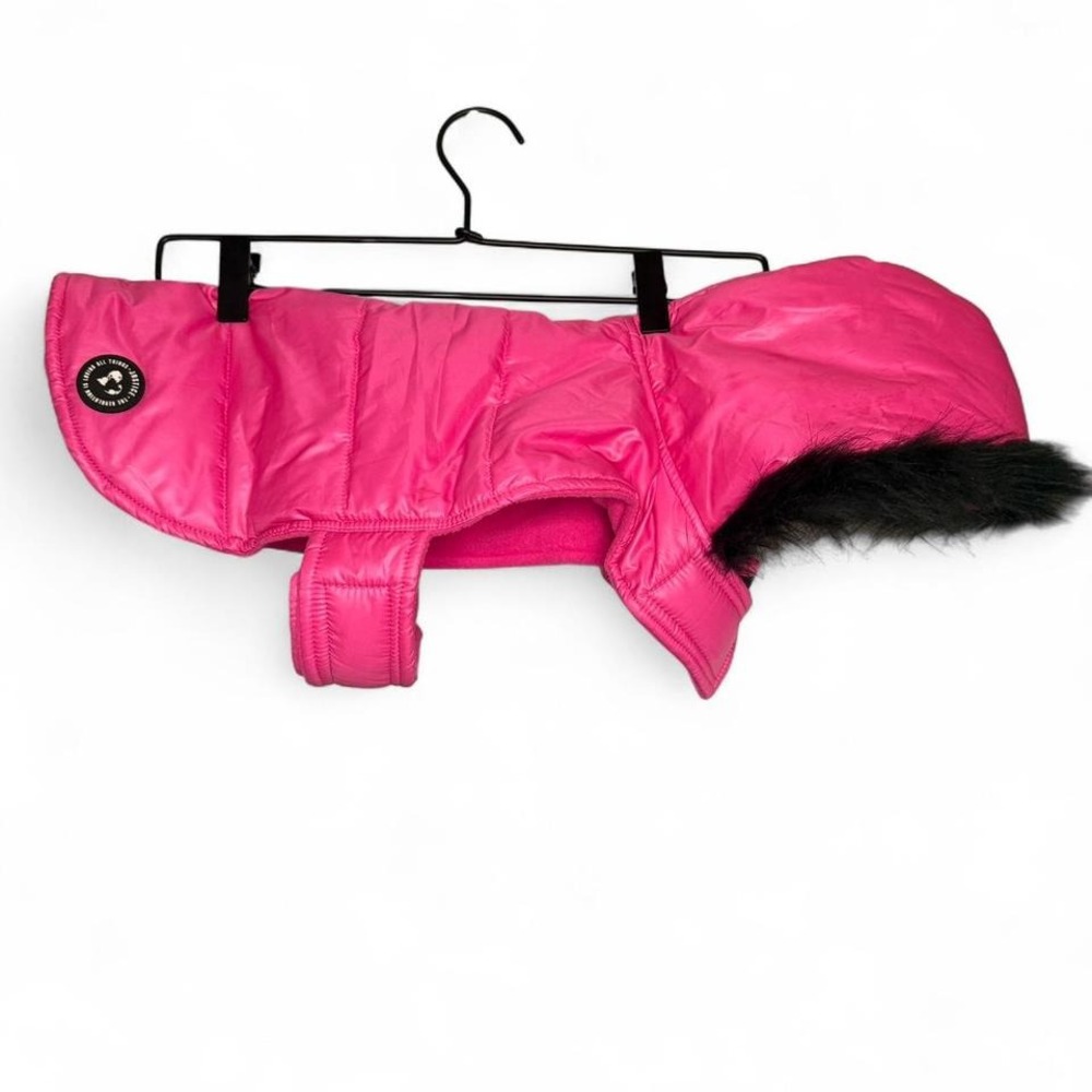 Hot pink small dog jacket from Justice with Velcro snaps and a fur hoodie